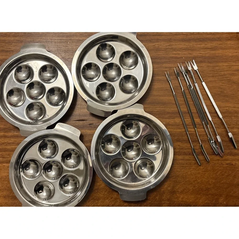Lot Of 4 Escargot Plate Metal‎ Dishes Snail Oysters W/6 Utensils